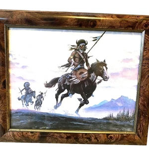 Estampado vintage de guerrero nativo americano enmarcado a caballo excelente color 10x12 - Imagen 1 de 4