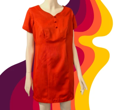 Vintage 1970's Mini Dress Red Short Sleeve Groovy Shift Handmade Size 12-14 Foto 1 de 4