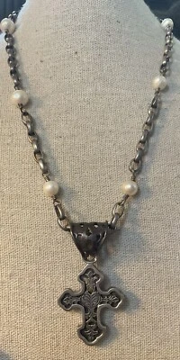 Extasia 签名纯银十字架吊坠 Rolo 链珍珠 20 英寸钩 Adj — 第 1/4 张图片