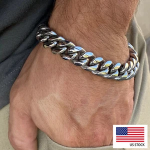 316L Stainless Steel Men's Solid Miami Cuban Link Bracelet 8mm-14mm Charm 8.5in - Picture 1 of 15