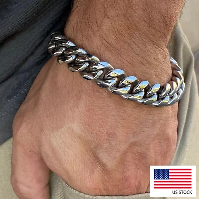 316L Stainless Steel Men's Solid Miami Cuban Link Bracelet 8mm-14mm Charm 8.5in - Image 1 of 4