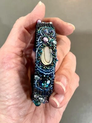 Cuff Bracelet Paua Shell Pearls Bugle Beads Seed Beads Embroidered Artisan - Image 1 of 4