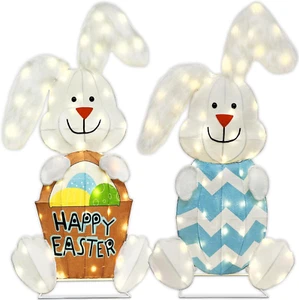 2 Pcs Bunny Outdoor Easter Decorations, Lighted Bunny with 120 Lights, 2D Easter - Picture 1 of 9