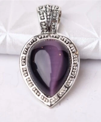 Stunning Amethyst Purple Faux Tiger’s Eye Silver tone inverse Teardrop Pendant Foto 1 de 4