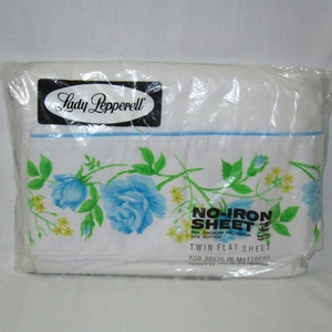 Vintage Twin Flat Sheet Lady Pepperell White w/Blue Floral Top Trim West Point - Picture 1 of 6