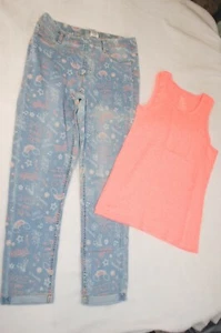 Girls ORANGE TANK TOP, LT BLUE JEGGINGS Rainbows Flowers Hearts Phrases XL 14-16 - Picture 1 of 3