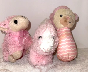 Lot of 2 Mini Plush Stuffed Animals Pink Lamb Rabbit Monkey VTG. Kids Toy Colect - Picture 1 of 12