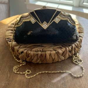 Sasha Womens Black Gold Rhinestone Clamb Shell Evening Bag Chain Strap - Picture 1 of 10