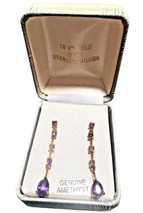 Pendientes colgantes de amatista de 1,25" en oro de 18 quilates sobre plata de ley nuevos con etiquetas en caja - Imagen 1 de 7