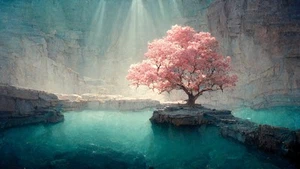 Leinwandbild türkis blau Wasser abstrakt rosa Baum Wandbild Poster Druck - Bild 1 von 22