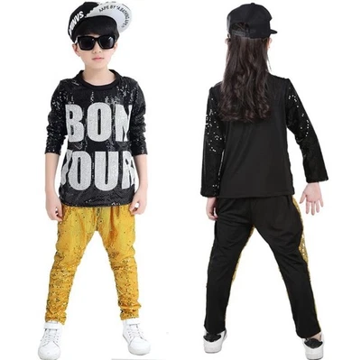 Disfraz de Halloween con lentejuelas para niños 2 piezas HipHop ropa de baile disfraz dorado, 5-6 Foto 1 de 4