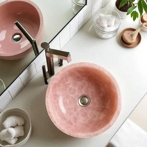 Fregadero de piedra de cuarzo rosa - Lavabo de cristal hecho a mano para decoración de baño y cocina - Imagen 1 de 8