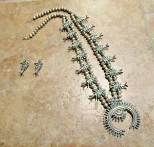 24" GEM !!!  Vintage Zuni Sterling Petit Point Turquoise SQUASH BLOSSOM Necklace - Picture 1 of 17