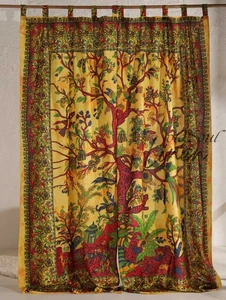 Cortinas 100% Algodón Boho Árbol de la Vida Tratamiento Ventana 2 Paneles Cortinas Puerta - Imagen 1 de 8
