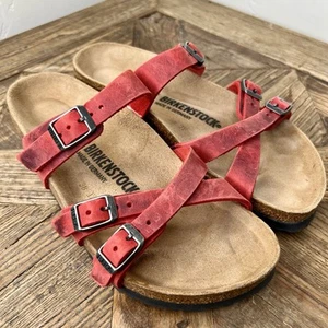 Sandalias Birkenstock para mujer Franca de cuero engrasado rojo fuego talla 38 EE. UU. 7, USADAS EN EXCELENTE ESTADO - Imagen 1 de 8