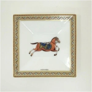 Hermes Interior Tray Square Plate Horse Design Ceramic White Gold 7cm Used - Picture 1 of 8