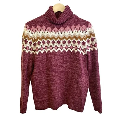 Lands End Sweater Womens M 10-12 Burgundy Pink Fair Isle Chunky Knit Cotton Wool - Image 1 of 4