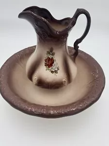 Ironstone England Pitcher Basin Bowl Set Brown Floral Decor Classic Vtg - Picture 1 of 10