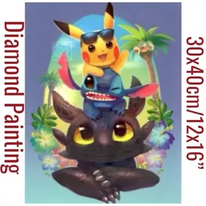 Pikachu Stitch Toothless Dragon DIY Full Round Drill 30x40cm Diamond Painting - Picture 1 of 3