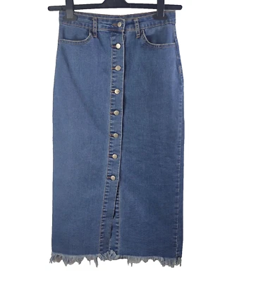 Forever 21 Blue Denim Button Up Pencil  Skirt With Stretch & Distressed Hem Uk S - Image 1 of 4