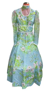 VTG Boho Prairie Blue floral print dress Hi-neck sheer sleeve lace S/M - Picture 1 of 7