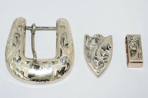 Fibbia per cintura vintage argento sterling Sunset Trails set 3 pezzi ~ 3/4 pollici - Foto 1 di 9
