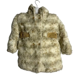 Vintage 60s Faux Fur Coat Girls Size 8 Cream Brown Corduroy Pockets Hooded - Picture 1 of 9