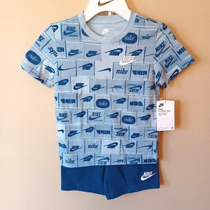 Nike Boys Short Sleeve T-Shirt & Shorts Set-4-Blue-All Over Graphics - Picture 1 of 6
