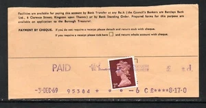 Recibo Burgh Of Kingston Upon Thames 1969/70 con máquina 2D con K/C Perfin - Imagen 1 de 1
