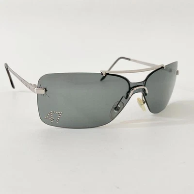 Christian Dior 47 28R Shield Sunglasses Silver Gray Rimless Rhinestone Y2K - Image 1 of 4