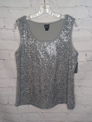 Camiseta sin mangas Covington para mujer con estampado de rosas roseta esterlina lentejuelas talla grande  Foto 1 de 4