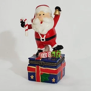 Santa Claus On Present W/Candy Cane & Bell Christmas Holiday Hinged Trinket Box - Picture 1 of 17