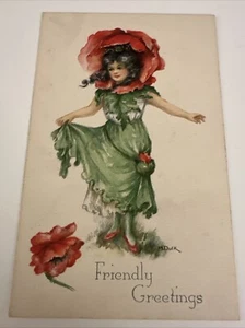 Red Flower Fairy Friendly Greetings Gibson Vintage Postcard M Dulk - Picture 1 of 2