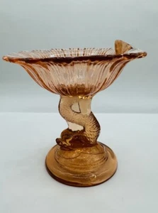 LG Wright Amber Dolphin Sea Serpent Footed Compote Pink Amber Color - Picture 1 of 10