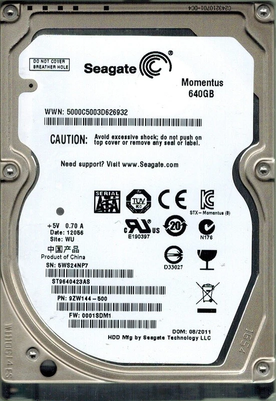 Seagate ST9640423AS 640GB P/N: 9ZW144-500 F/W: 0001SDM1 WU - Image 1 of 1