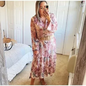H&M Pink Beige Floral Midi Maxi Long Sleeve Chiffon Dress Size XL 20 22 24 - Picture 1 of 2