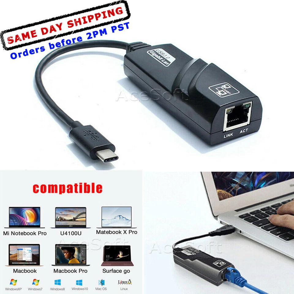 USB-C USB 2.0 Type C to RJ45 Ethernet Gigabit 1000Mbps LAN Network Adapter - Image 1 of 1