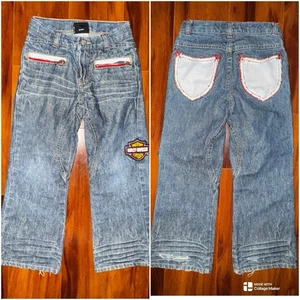 Vintage Harley-Davidson Kids Jeans Size 6 Distressed Denim Patch Logo Zip Pocket - Picture 1 of 14
