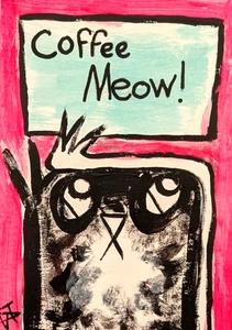 Original ACEO Cat Painting Collectible Modern Kitten Coffee Art Samantha McLean - Picture 1 of 1