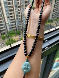 Certified Black green 100% natural A jadeite jade Beads Necklace 20inches 佛头项链 - Picture 1 of 1
