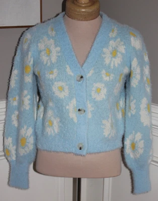 Willow & Wind Button Front Cardigan Floral XS blue daisy white flower fuzzy crop - Image 1 of 4