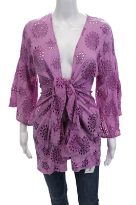 Vix Paula Hermanny Women's 3/4 Sleeves Tie Front Eyelet Blouse Purple Size XS - Image 1 of 4
