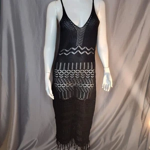 Bodycon Med schwarz Häkel Strick Fransen Cover Up Strand Boho Kleid - Bild 1 von 7