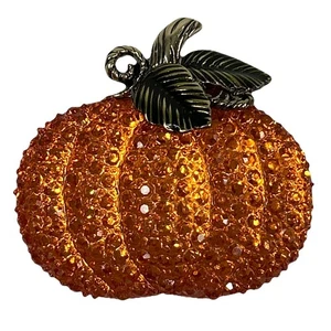 Pumpkin Brooch Pin Orange Rhinestones Leaves Bella Jack O Thanksgiving Fall - Picture 1 of 4
