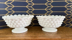 VTG Pair of Milk Glass Candle Stick Holder Hobnail Fenton Style Pedestal Scallop - Picture 1 of 5