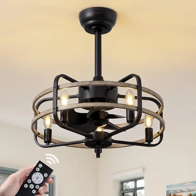 20 Inch Caged Ceiling Fan with Light and Remote, Flush Mount Vintage Farmhouse F - Image 1 of 4