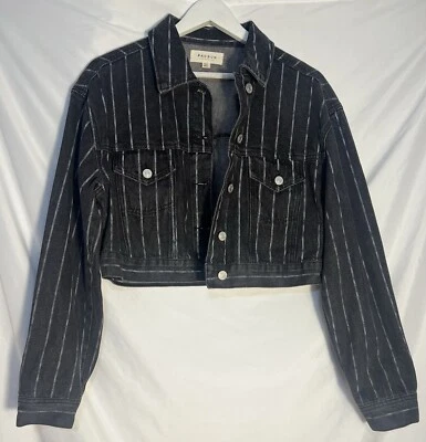 Pac Sun Black Striped Cropped Button Front Denim Jacket Size M/L - Image 1 of 4