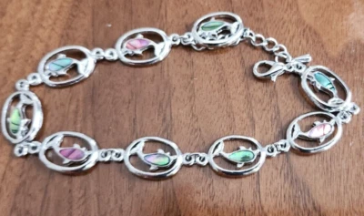Abalone Dolphin Oval Link Bracelet Silver Tone 7" Beach Wear Paua - Image 1 of 4