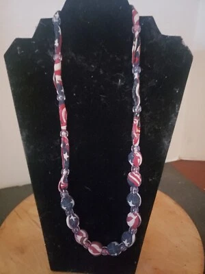 American flag fabric and bead necklace. Red, white and blue flag. Vintage. - Image 1 of 4
