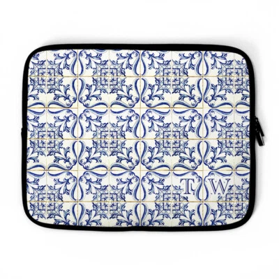 Spanish Tile Monogram Personalized laptop Sleeve, Barcelona laptop case, custom - Image 1 of 4